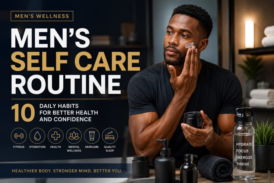 A well groomed man applying facial moisturizer as part of his men’s self care routine, promoting men’s wellness, healthy skincare, confidence, fitness, hydration, and overall well being.