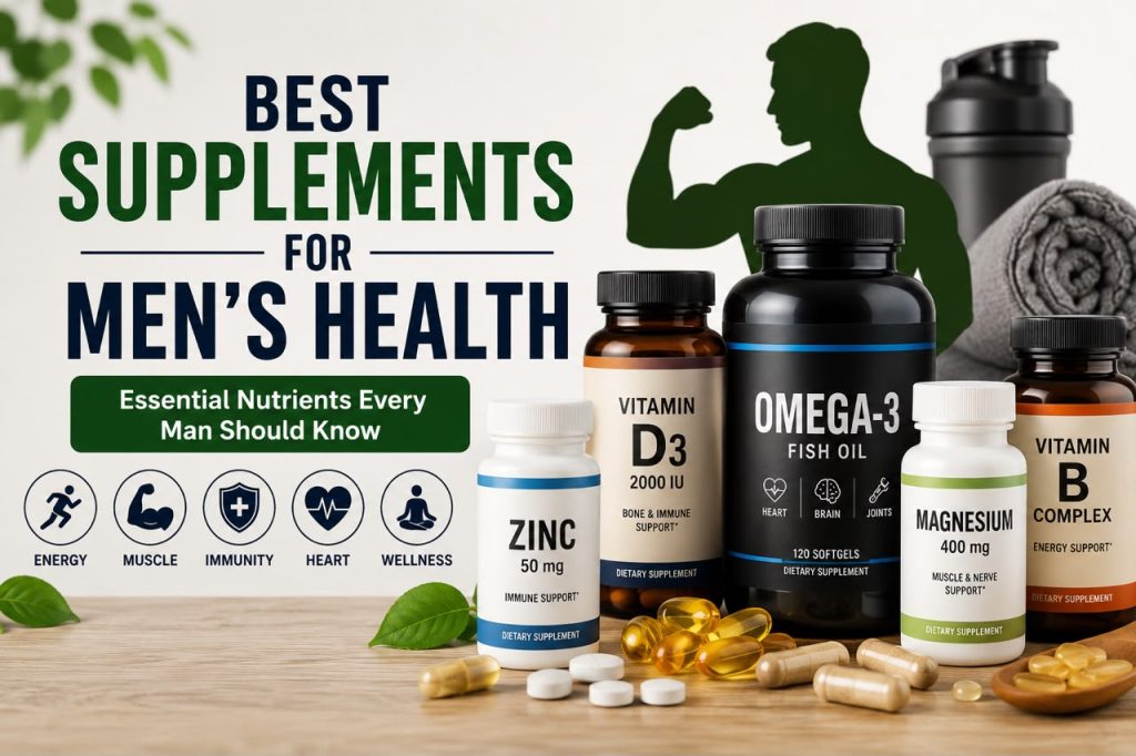 Best supplements for men’s health featuring vitamin D, omega 3 fish oil, zinc, magnesium, and vitamin B complex to support energy, heart health, immunity, and overall wellness.