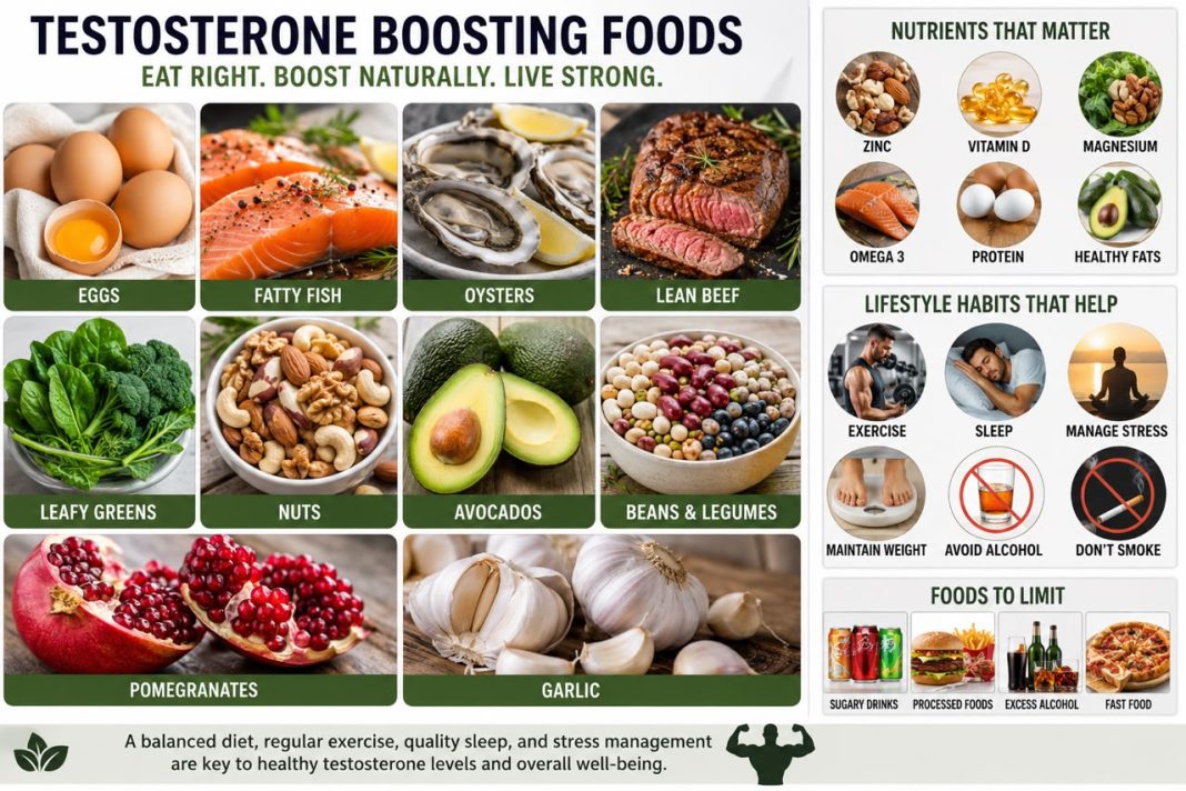 Testosterone boosting foods including eggs, salmon, oysters, leafy greens, avocados, nuts, and pomegranates