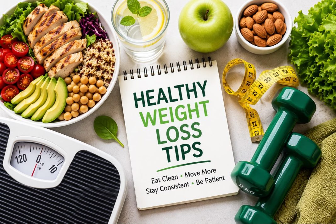 Healthy weight loss tips with healthy foods, dumbbells, measuring tape, water, and a weighing scale.
